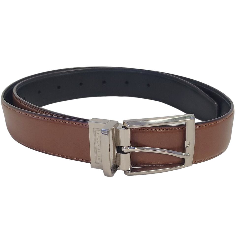 PERRY ELLIS Men's SZ 32/80 1P02078 Reversible Dress Belt Brown Bonded Leather